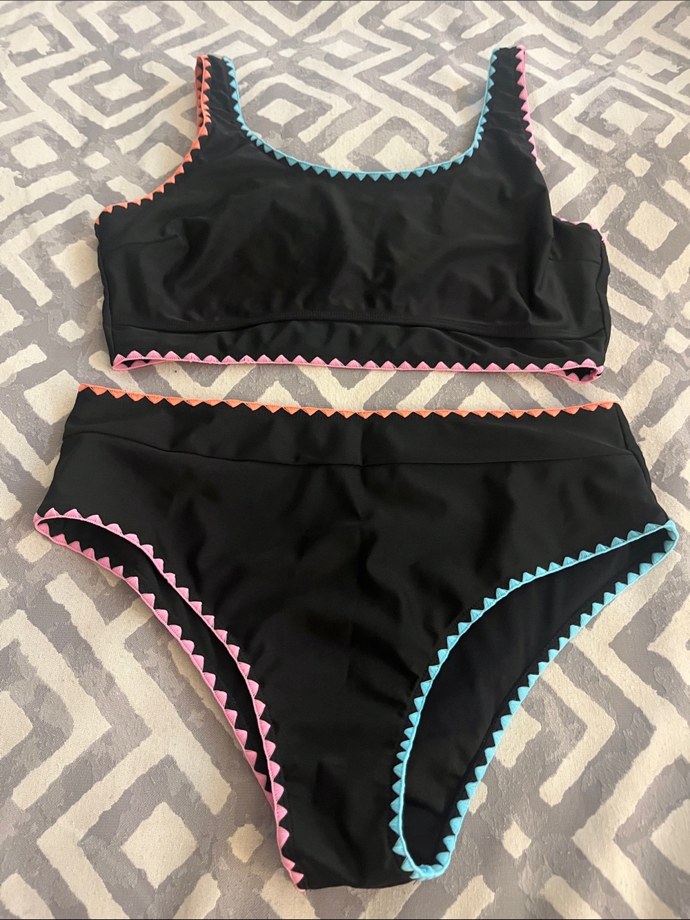 ❤️ 6 for 20 ❤️  Black Two-Piece Swim Set with Pink & Blue & Orange Trim 2x